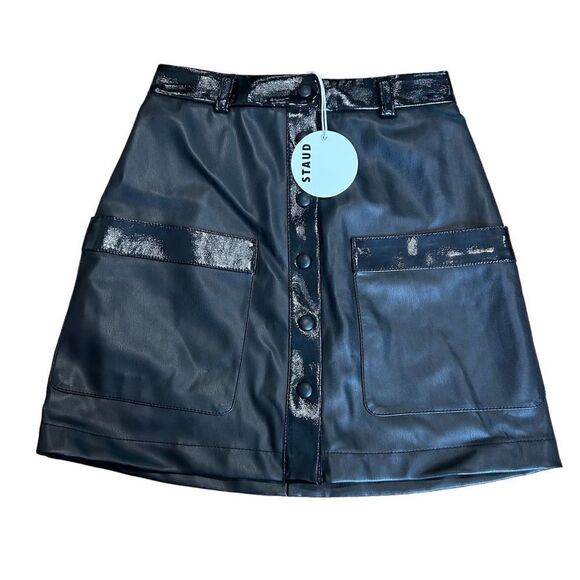 Revolve STAUD Paper Faux Leather Black Button Front Mini Skirt Size 2 - Picture 3 of 9